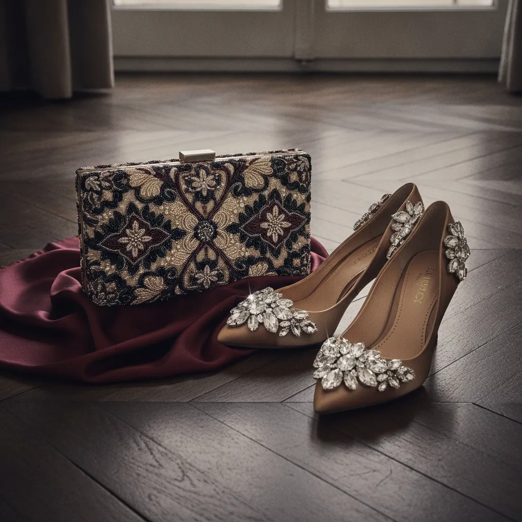 Pochette brodée main et escarpins en satin orné de cristaux : plus de 40 heures d'artisanat réunies dans un seul ensemble de soirée