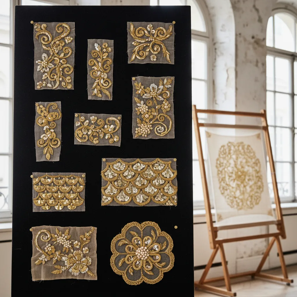 Échantillons de broderie haute couture chez Lesage : cannetille or, perles de rocaille et paillettes sur organza de soie, certains datant du XIXe siècle