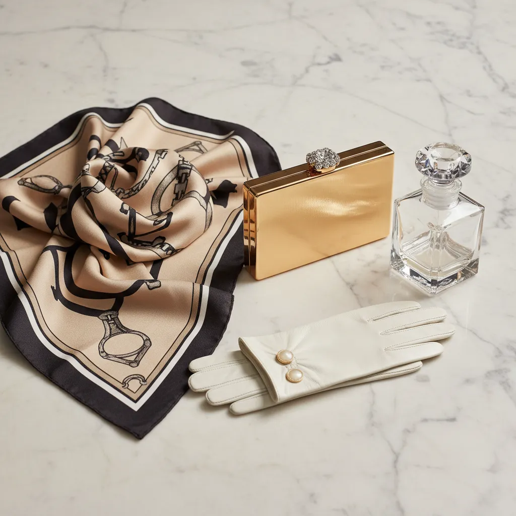 Nature morte d'accessoires français d'exception : carré de soie Hermès, minaudière dorée, gants de chevreau et flacon Baccarat, quatre savoir-faire réunis