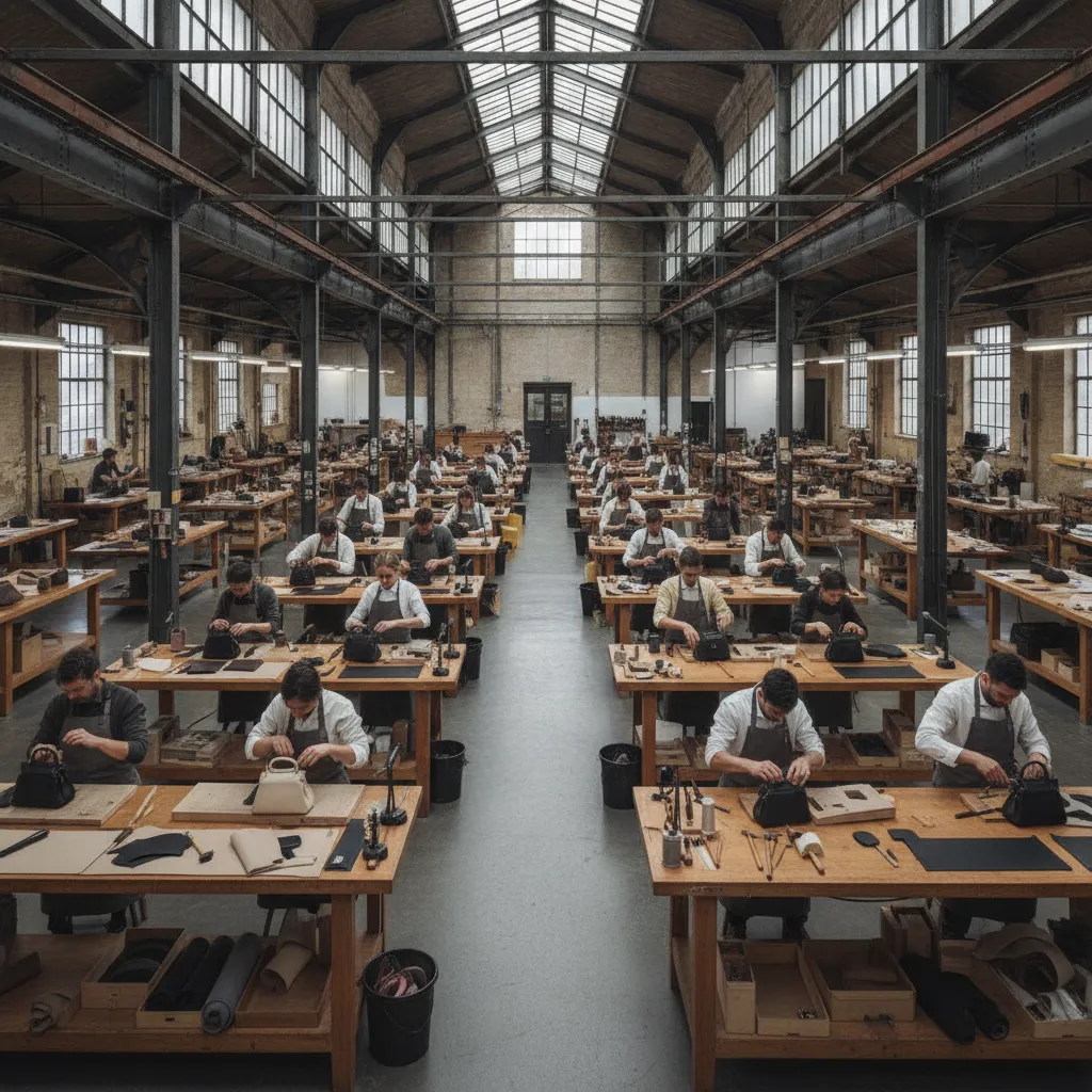 Un atelier de maroquinerie de luxe à Romans-sur-Isère : chaque artisan travaille sur un poste individuel sous lumière naturelle zénithale