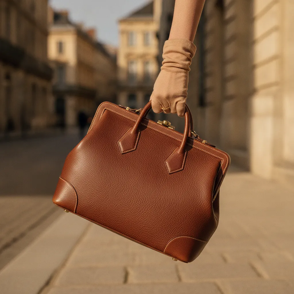 Le sac doctor en veau tannage végétal, porté dans les rues du vieux Bordeaux : un classique de la maison depuis les années 1970