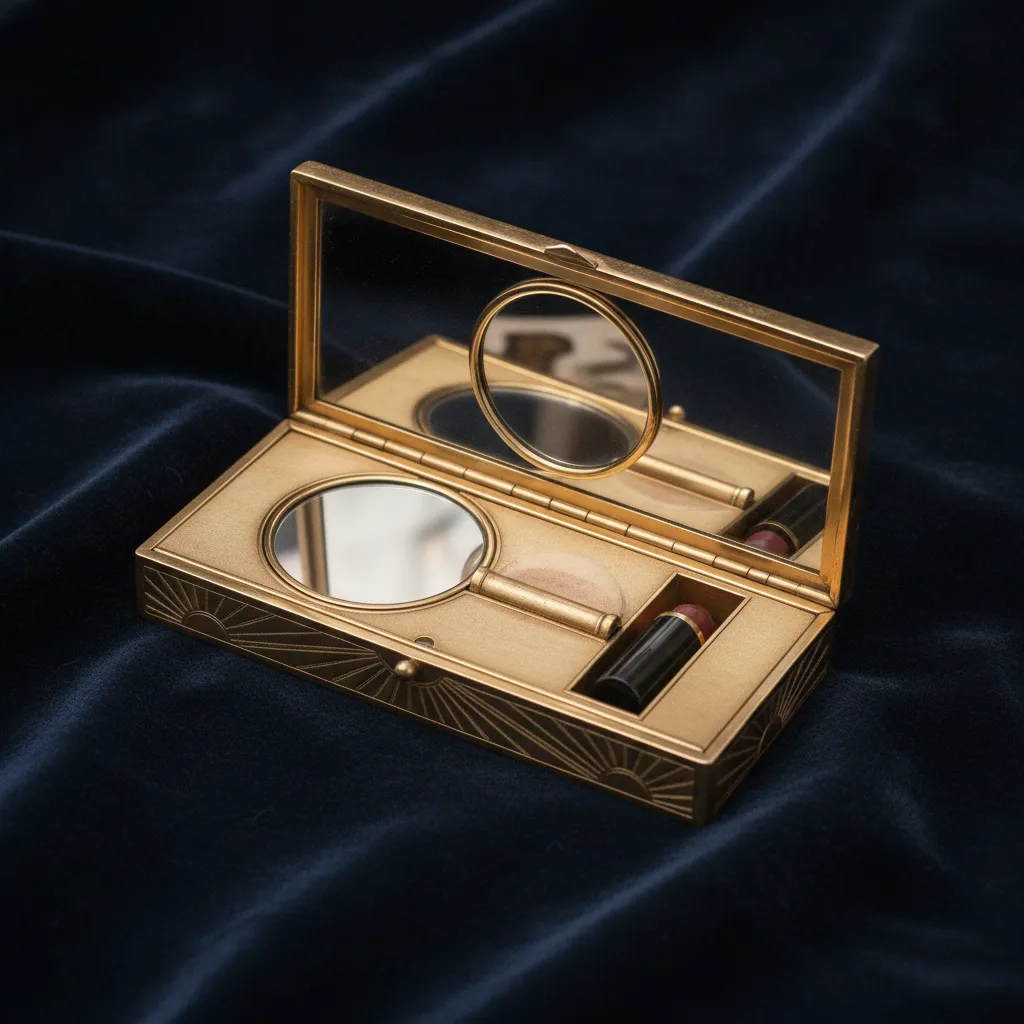 L'intérieur compartimenté d'une minaudière vintage : miroir, poudrier, espace rouge à lèvres, chaque centimètre pensé par l'artisan