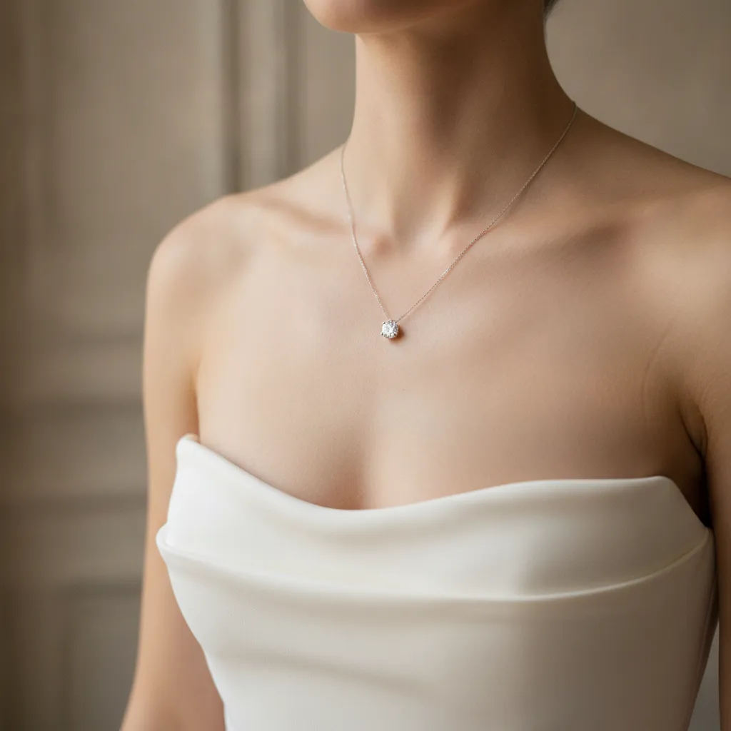L'accord parfait : collier solitaire en platine sur crêpe mat ivoire, le minimalisme bridal en lumière naturelle