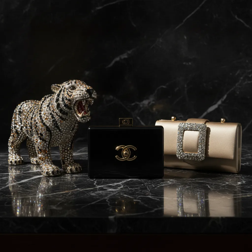 De gauche à droite : Judith Leiber en cristal, Chanel en résine noire, Roger Vivier en satin, trois visions de la minaudière contemporaine