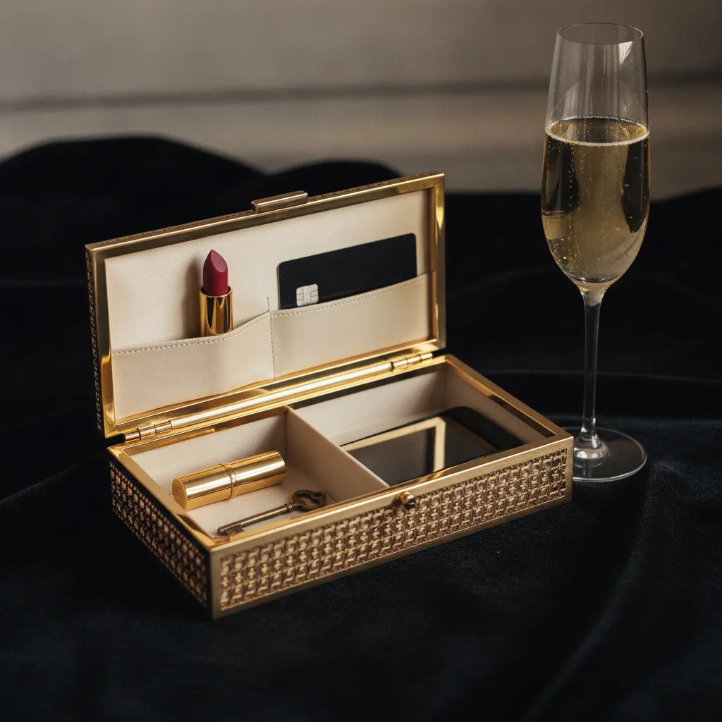 L'intérieur d'une minaudière contemporaine : téléphone, rouge à lèvres, carte et clé, le strict nécessaire d'une soirée réussie