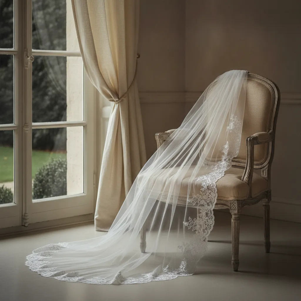 Le voile cathédrale en tulle de soie de Calais : entre 400 et 2 500 euros selon la longueur et la broderie, un savoir-faire français d'exception