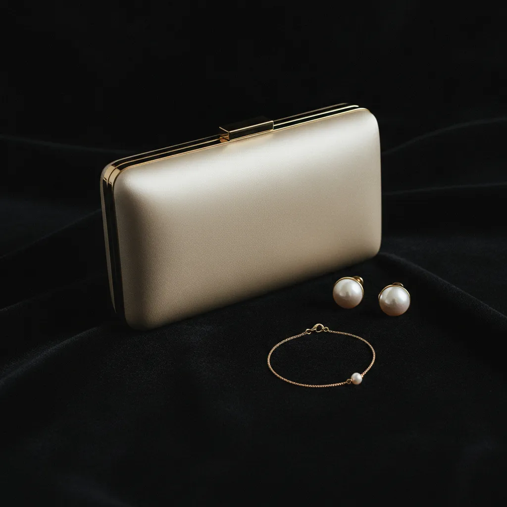 Minaudière ivoire et bijoux de cérémonie : la pochette rigide de 18 × 10 cm reste le format idéal pour glisser téléphone et essentiels