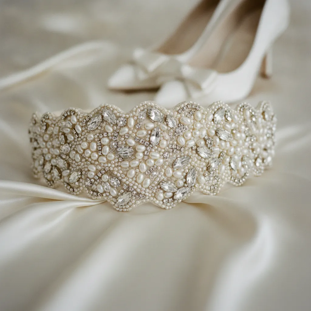 Ceinture brodée de perles sur satin duchesse : la touche structurante qui transforme une robe simple en silhouette couture, à partir de 90 euros