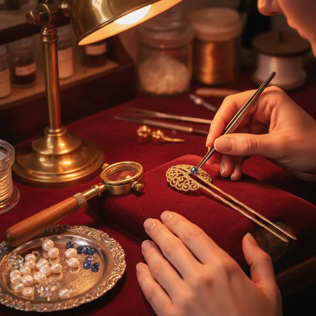 Dans un atelier de la place Vendôme, le sertisseur fixe un saphir sur une épingle de mariée en or 18 carats