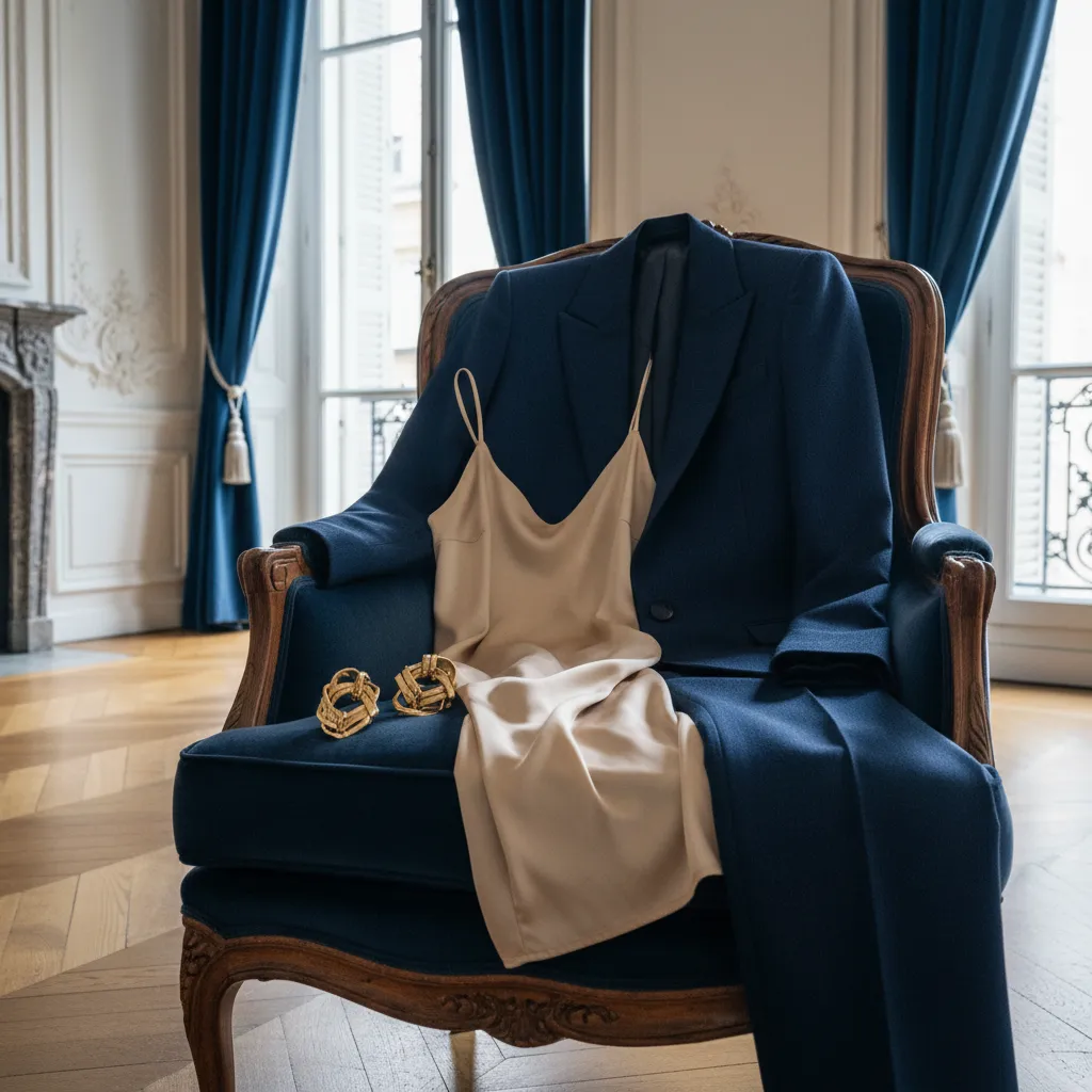 Le tailleur-pantalon en grain de poudre bleu nuit, porté avec un caraco en soie : l'alternative qui séduit 30 % des invitées