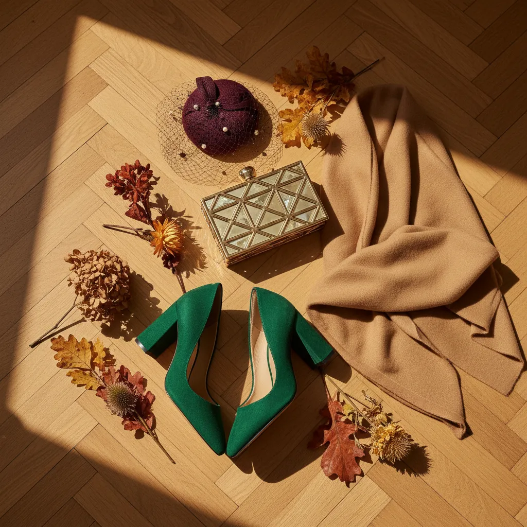 Minaudière dorée, escarpins en daim, étole cachemire et bibi à voilette : les quatre accessoires clés d'une invitée d'automne