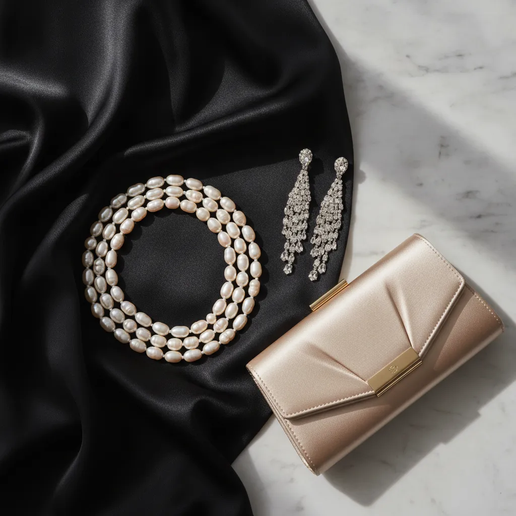 Perles Akoya et cristal sur satin noir : la combinaison formelle par excellence pour un mariage black tie
