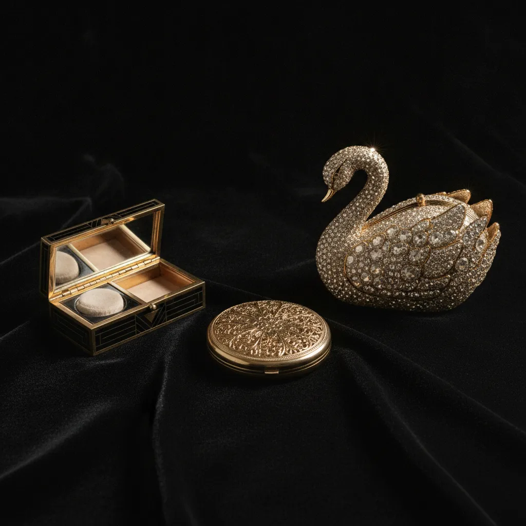 Trois époques de la minaudière ancienne côte à côte : Art déco, américaine des fifties et Judith Leiber cristallisée des années 1980
