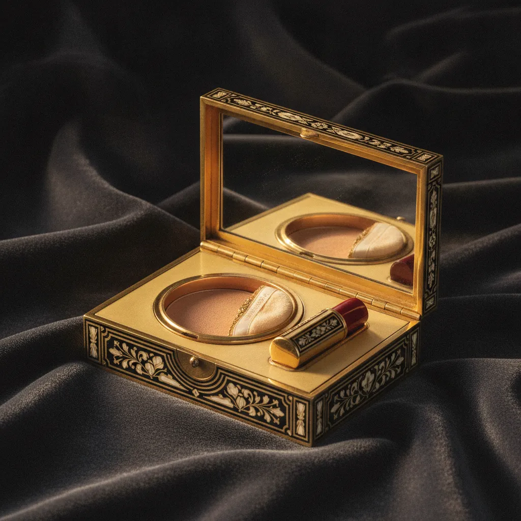 L'intérieur d'un nécessaire de beauté Boucheron révèle miroir biseauté, compartiment à poudre et porte-rouge à lèvres miniature