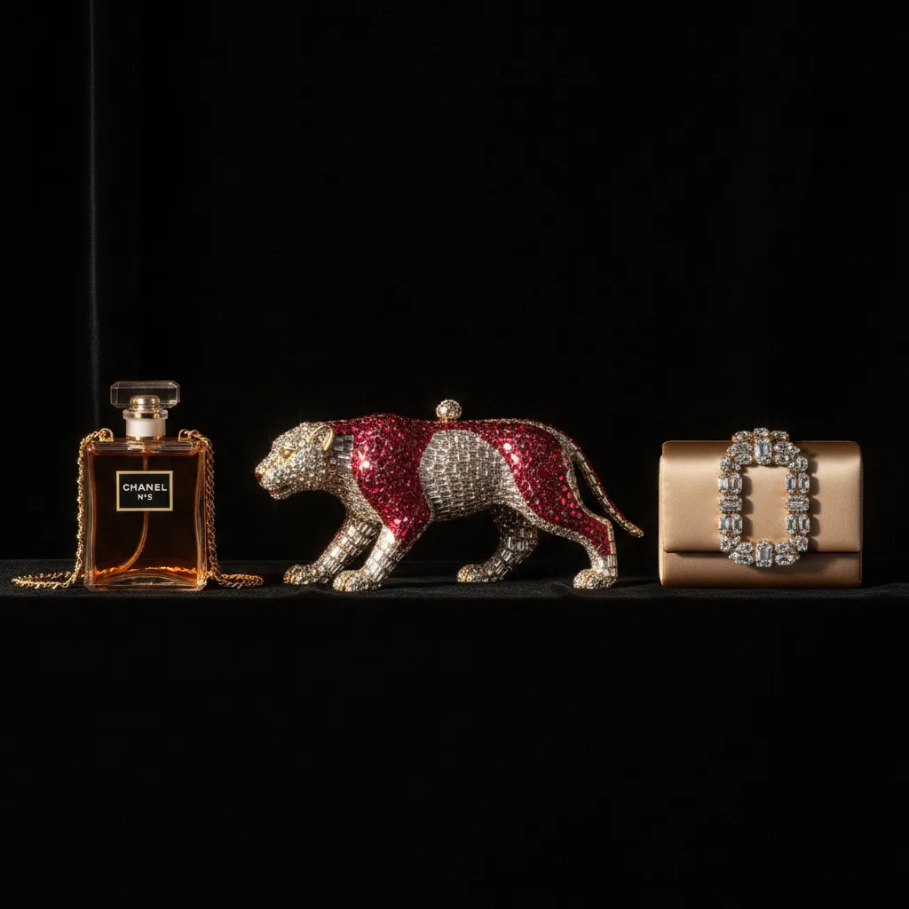 De gauche à droite : Judith Leiber cristaux, Chanel résine et Roger Vivier satin strass, trois signatures reconnaissables entre mille