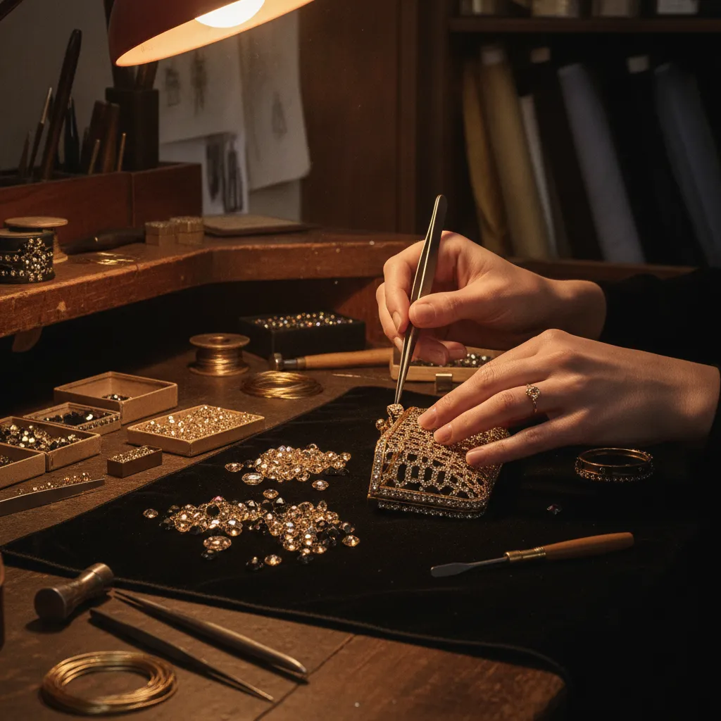 Sertissage à la main : jusqu'à 8 000 cristaux posés un par un sur une seule minaudière Judith Leiber