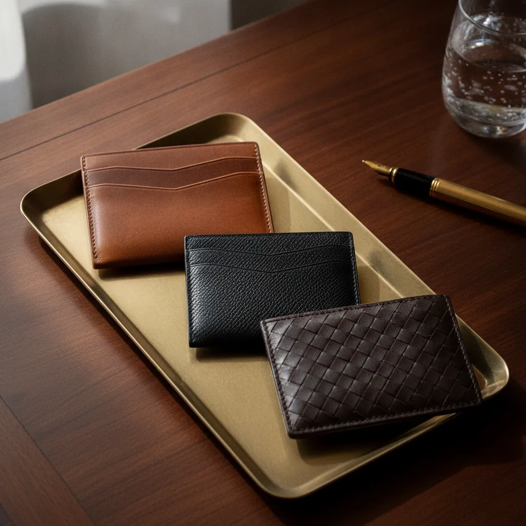 Cuir patiné, grainé Saffiano ou tressé Intrecciato : trois écoles stylistiques pour le porte-cartes masculin