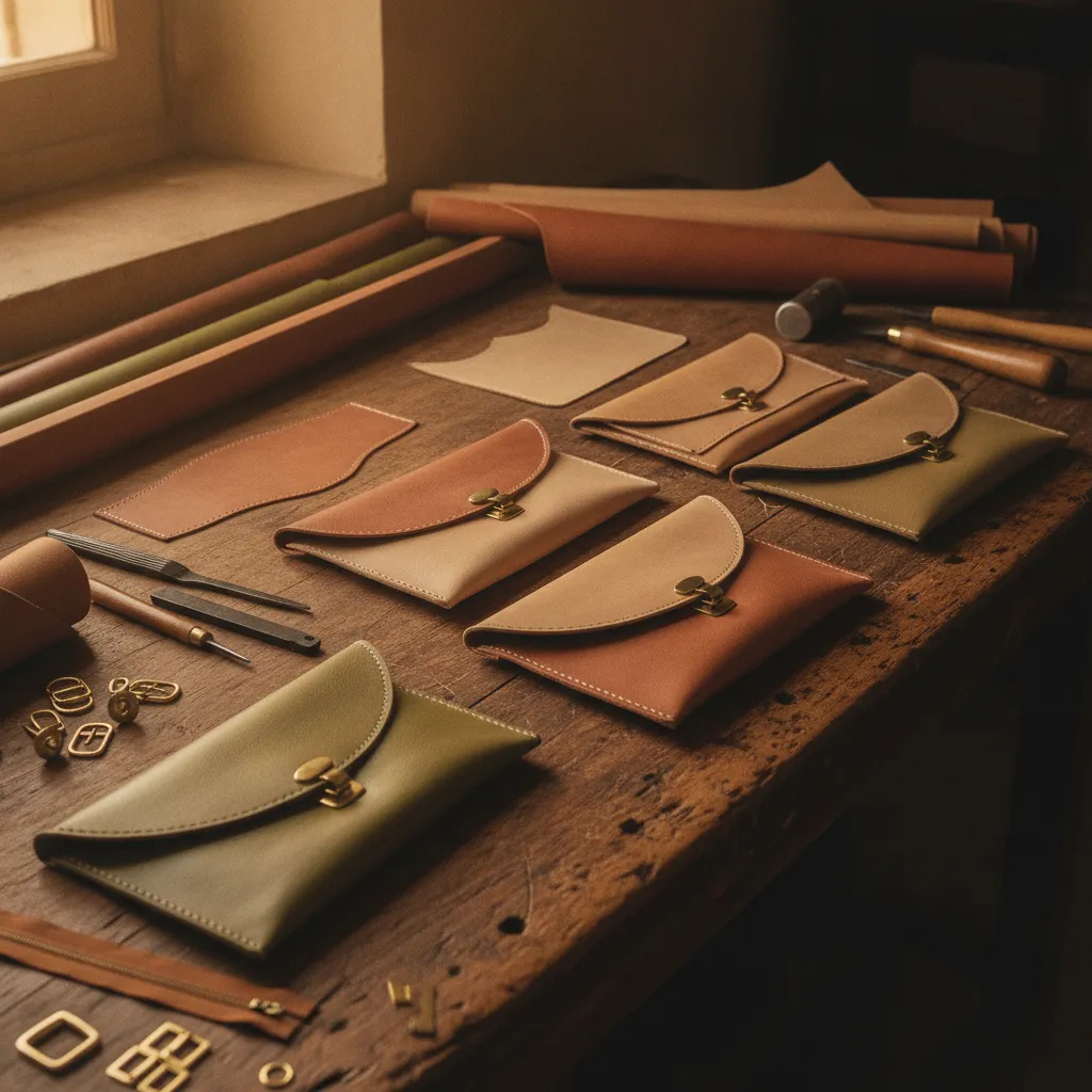 Atelier de maroquinerie artisanale : la pochette souple prend forme entre coupe, couture sellier et pose des fermoirs
