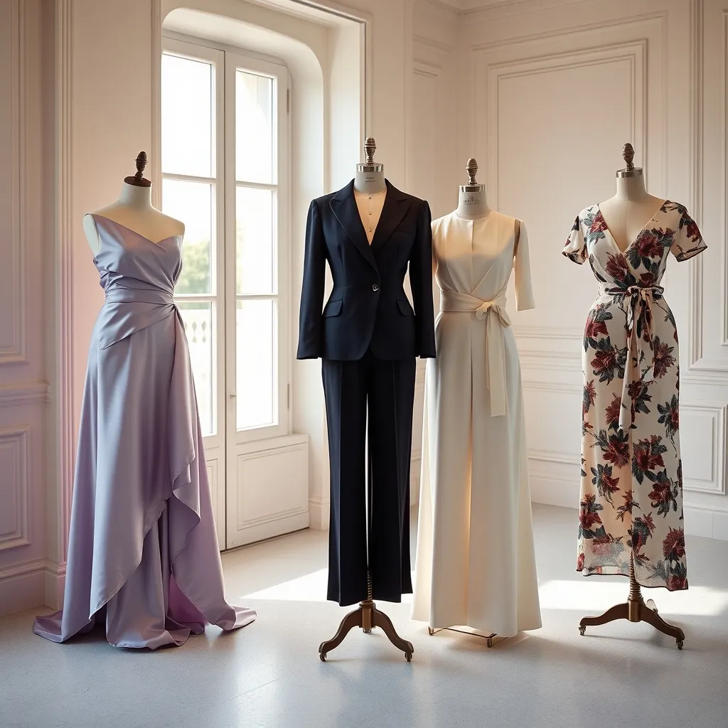 Quatre silhouettes d'invitée : longue asymétrique, tailleur-jupe, combinaison et robe portefeuille