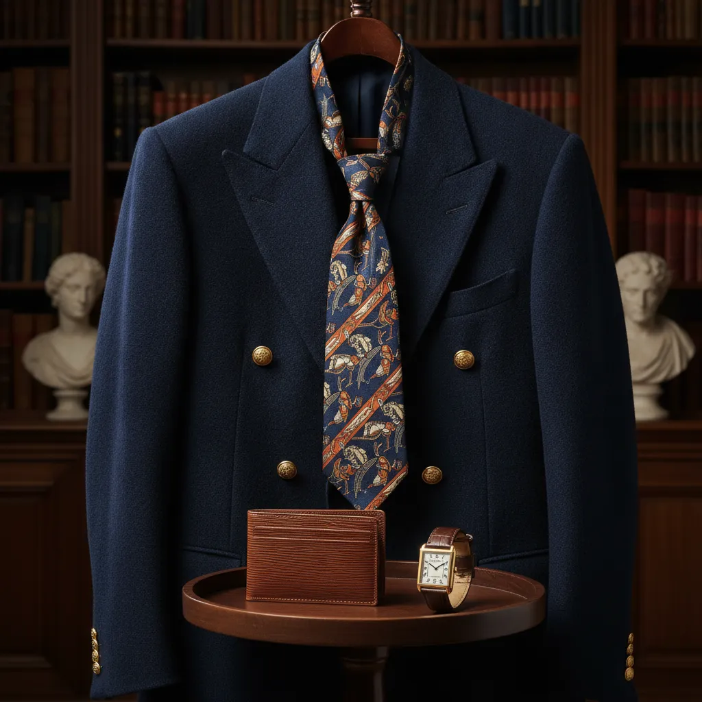 Le vintage luxe homme : blazer Brioni, cravate Hermès et montre Cartier Tank, des classiques intemporels à prix maîtrisé