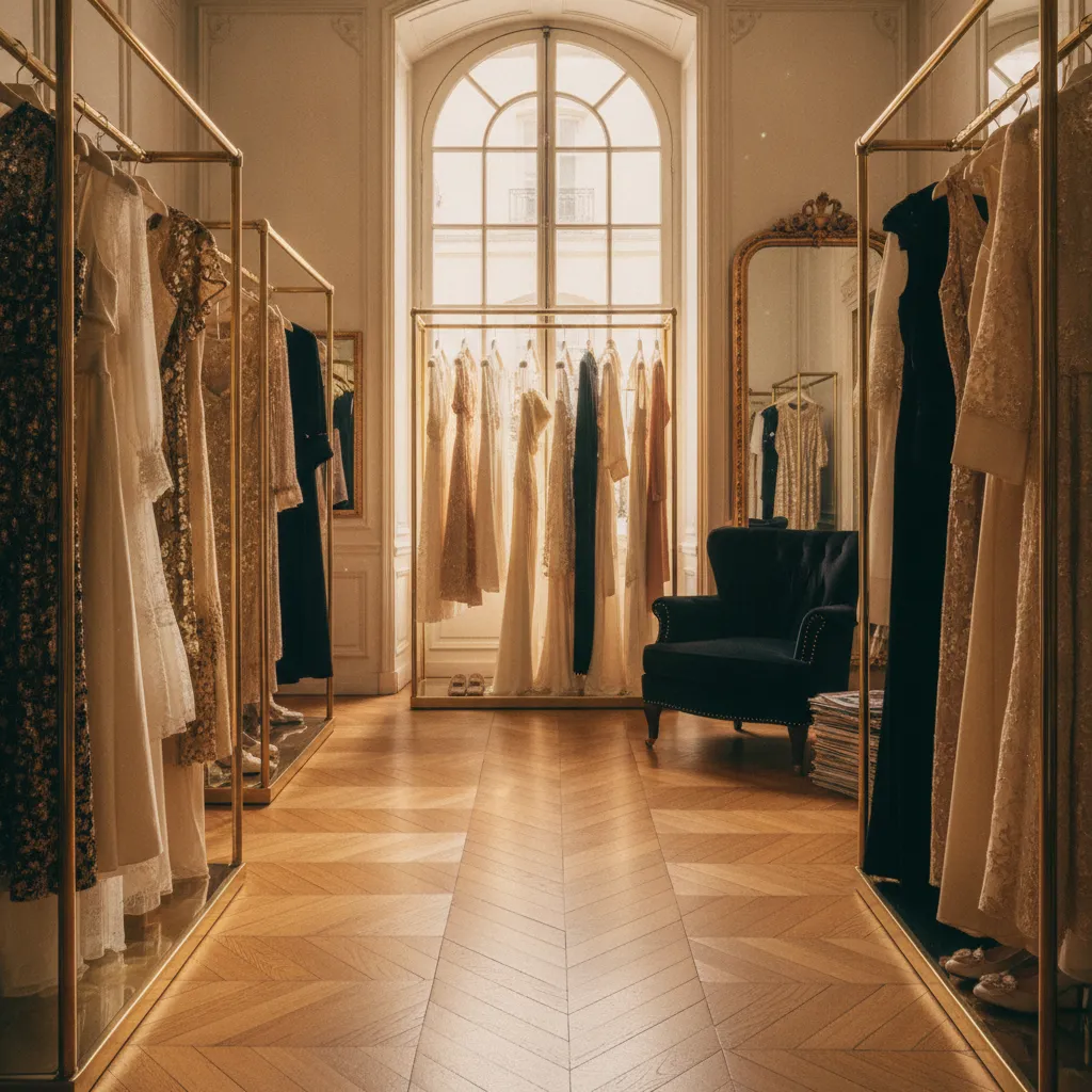L'intérieur d'une boutique vintage du Palais-Royal : parquet à chevrons, velours et pièces de couture triées sur le volet