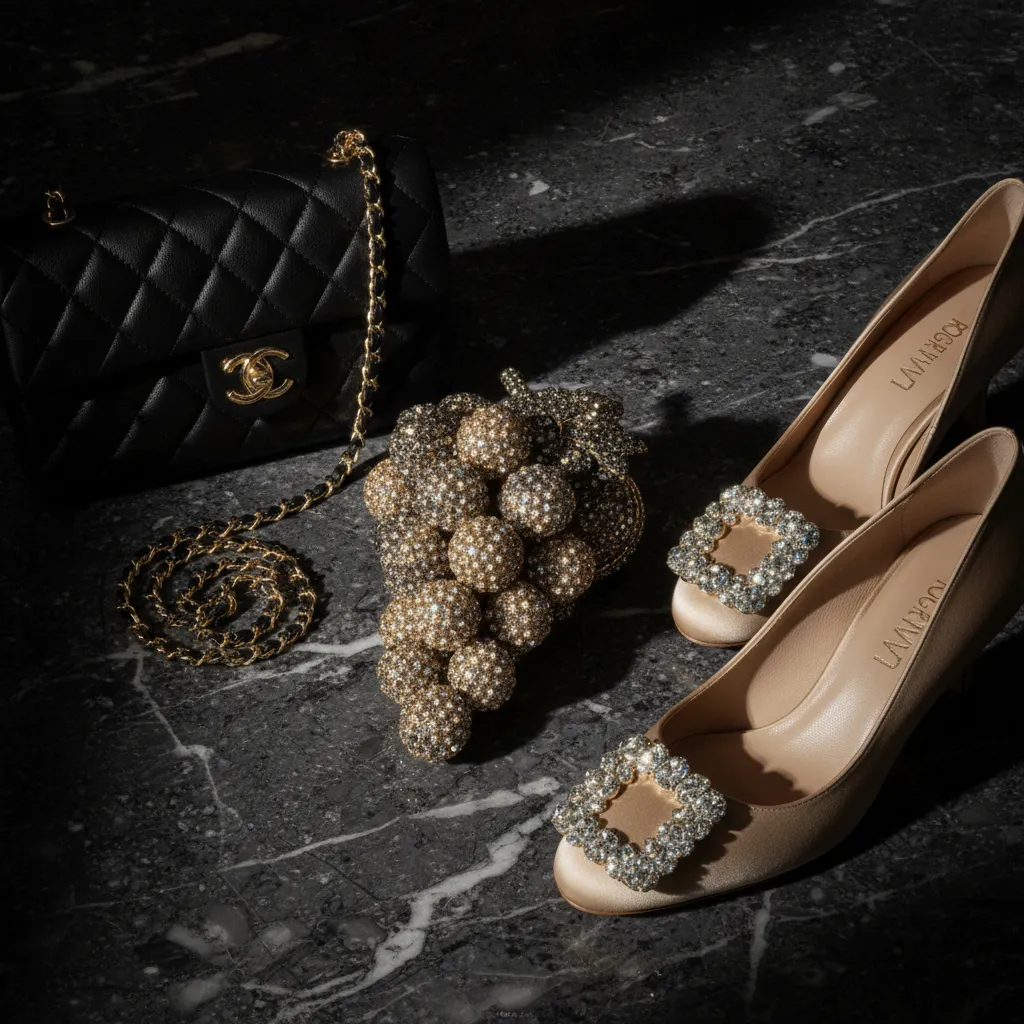 Minaudière Judith Leiber, pochette Chanel et escarpins Roger Vivier : le trio gagnant du vintage de soirée