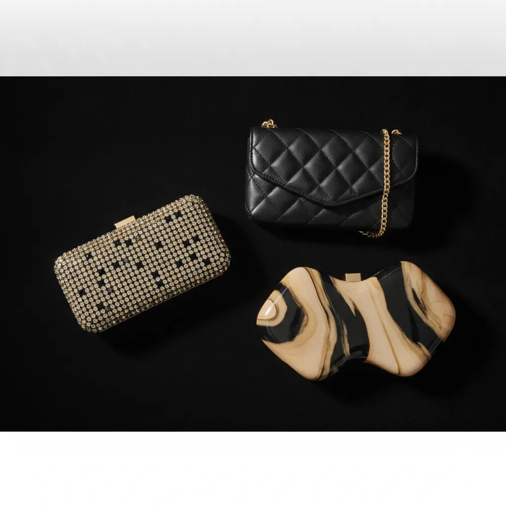 Minaudière en cristaux, pochette matelassée et clutch sculptée : trois formats de sac du soir à prix très différents