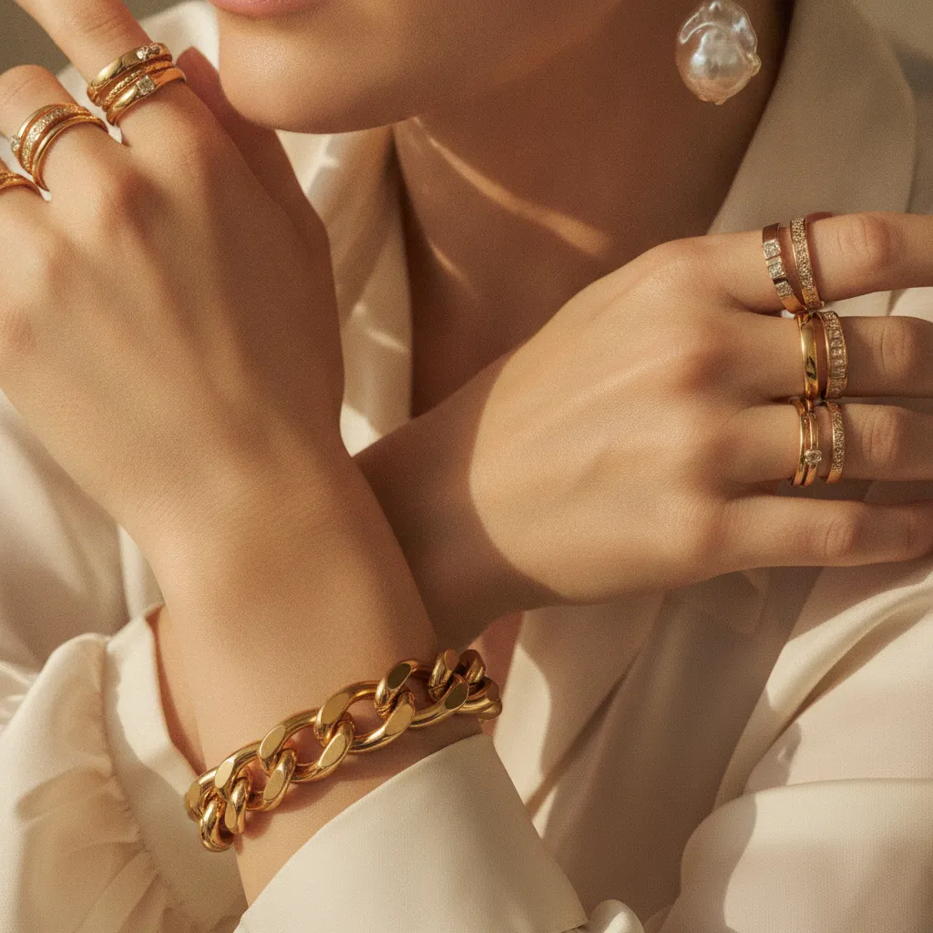 Bagues empilables, manchette dorée et perles baroques : le trio bijoux phare du printemps-été 2026