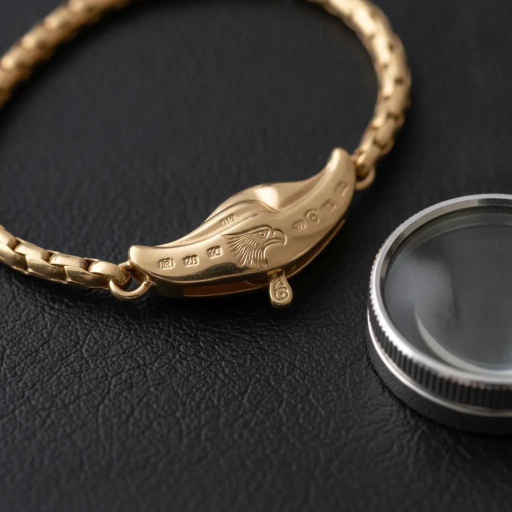 Le poinçon tête d'aigle, garant du titrage 18 carats, est le premier réflexe à vérifier avant tout achat en France