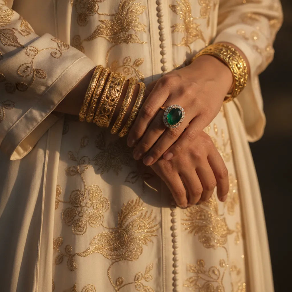 Joncs empilés et bague émeraude sur caftan ivoire brodé d'or : l'accord entre bijoux et tenue fait toute la silhouette