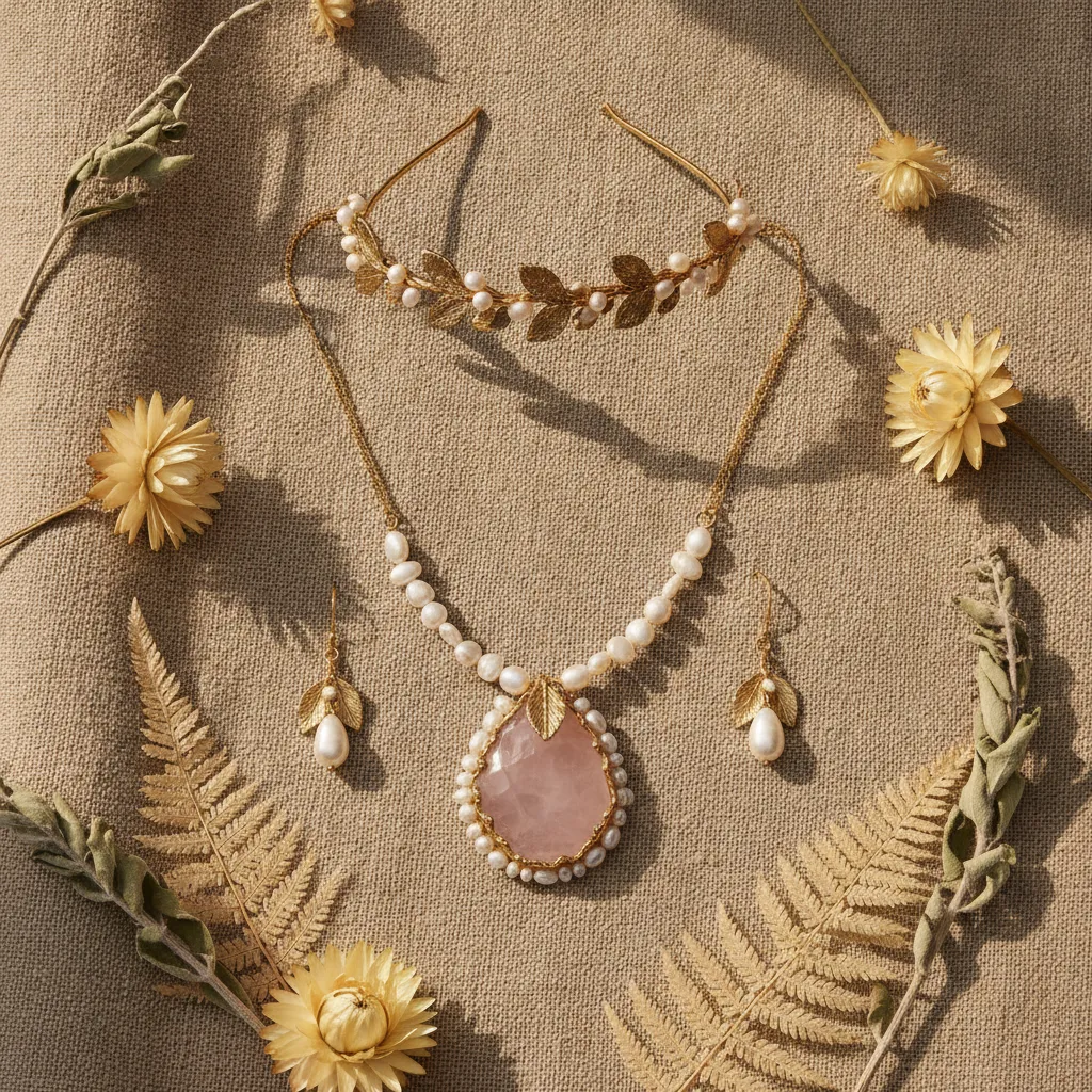 Bijoux de mariage bohème : perles baroques d'eau douce, headband feuilles dorées et quartz rose sur lin naturel