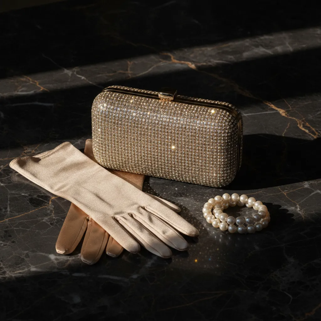 Minaudière cristallisée et bracelet perles : le duo pochette-bijou qui complète la silhouette de la mariée