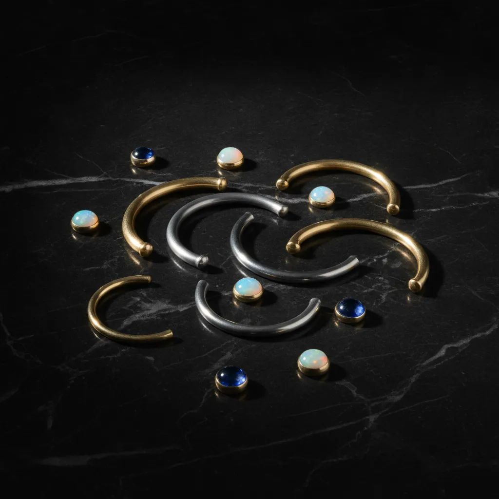 Curved barbells en titane et or 14 carats : le filetage interne garantit un confort optimal au porter