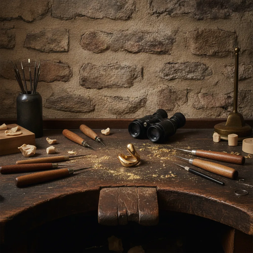 L'établi d'un joaillier créateur du Marais : cire à modeler, limes d'horloger et loupe binoculaire pour le sertissage à la main