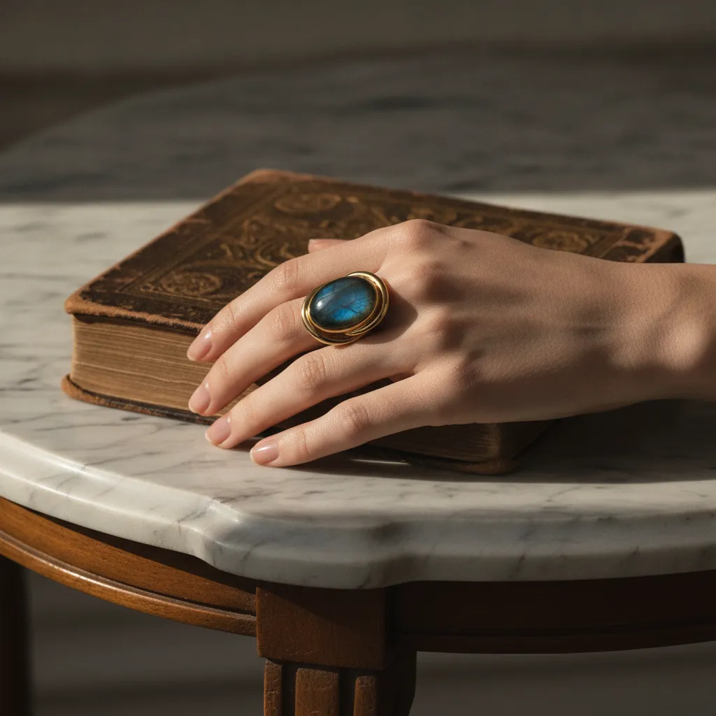 Bague torsadée en or 18 carats sertie d'un cabochon de labradorite aux reflets bleu-vert, portée au quotidien