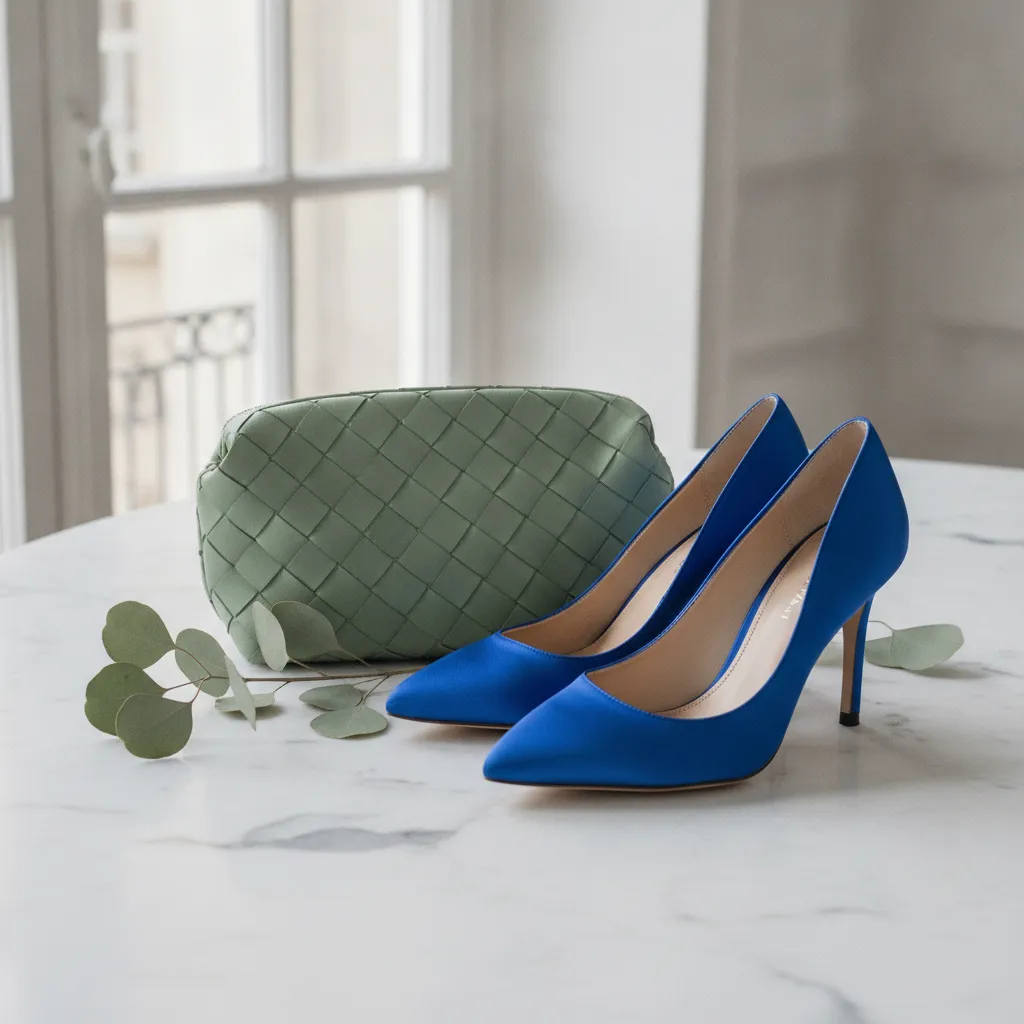 Le vert sauge de Bottega Veneta et le cobalt saphir de Bulgari, deux teintes qui se répondent sans se concurrencer