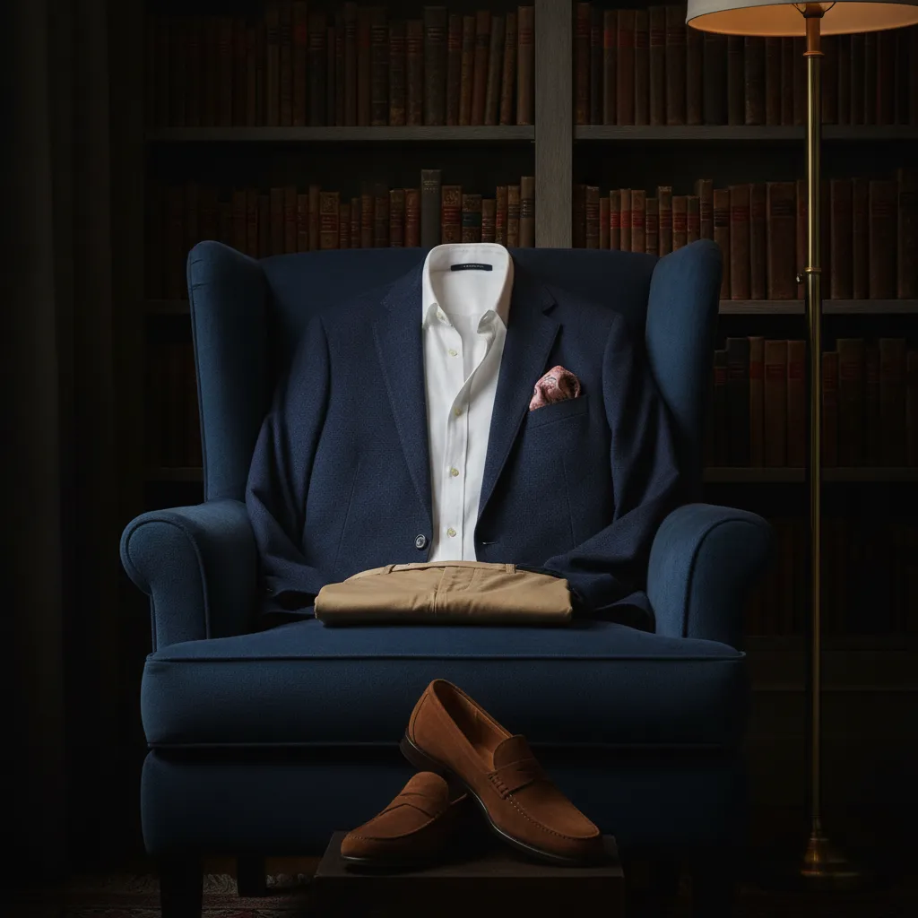 Du casual au smart casual : le blazer déstructuré et le mocassin en daim marquent la transition vers un registre plus habillé
