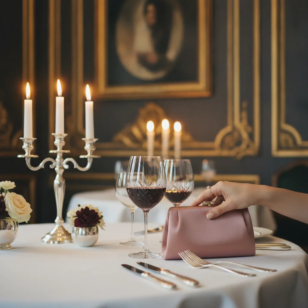Au dîner gastronomique d'un palace, la clutch en satin duchesse est l'accessoire signature du dress code semi-formel