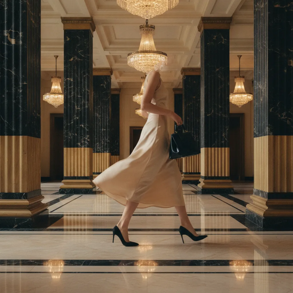 Le smart casual en action dans un lobby de palace : jupe midi, sac structuré et escarpins suffisent