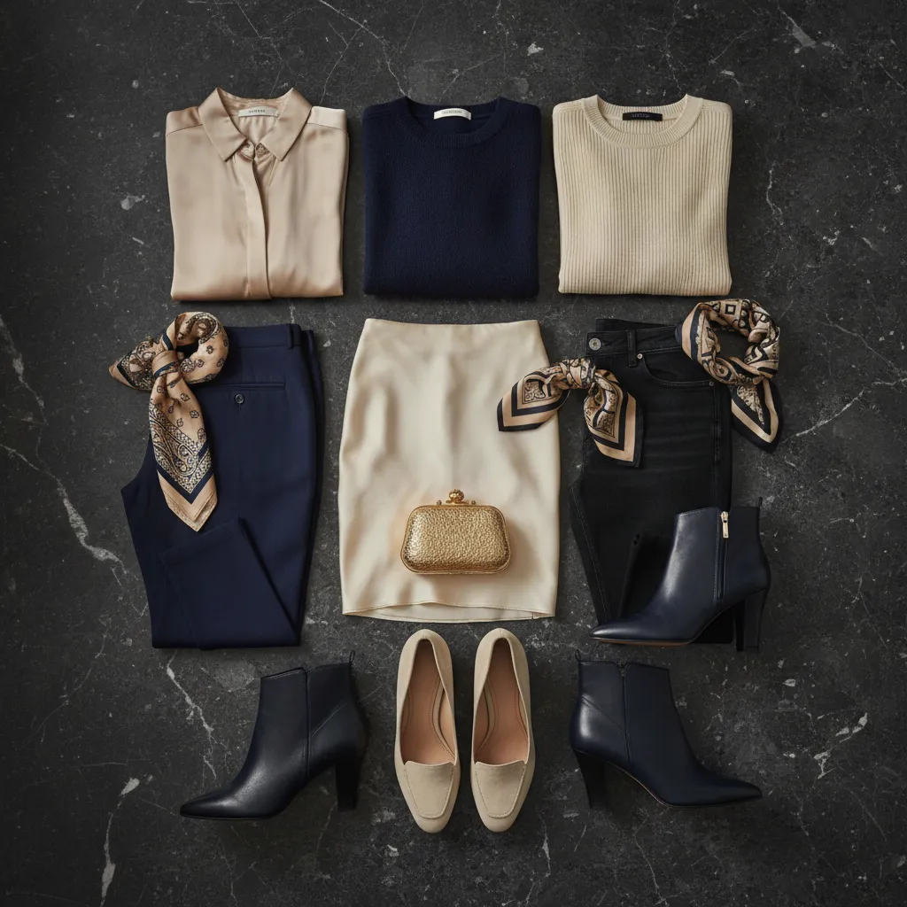 La méthode 3-3-3 en images : 3 bas, 3 hauts, 3 chaussures dans une palette de 3 couleurs maximum