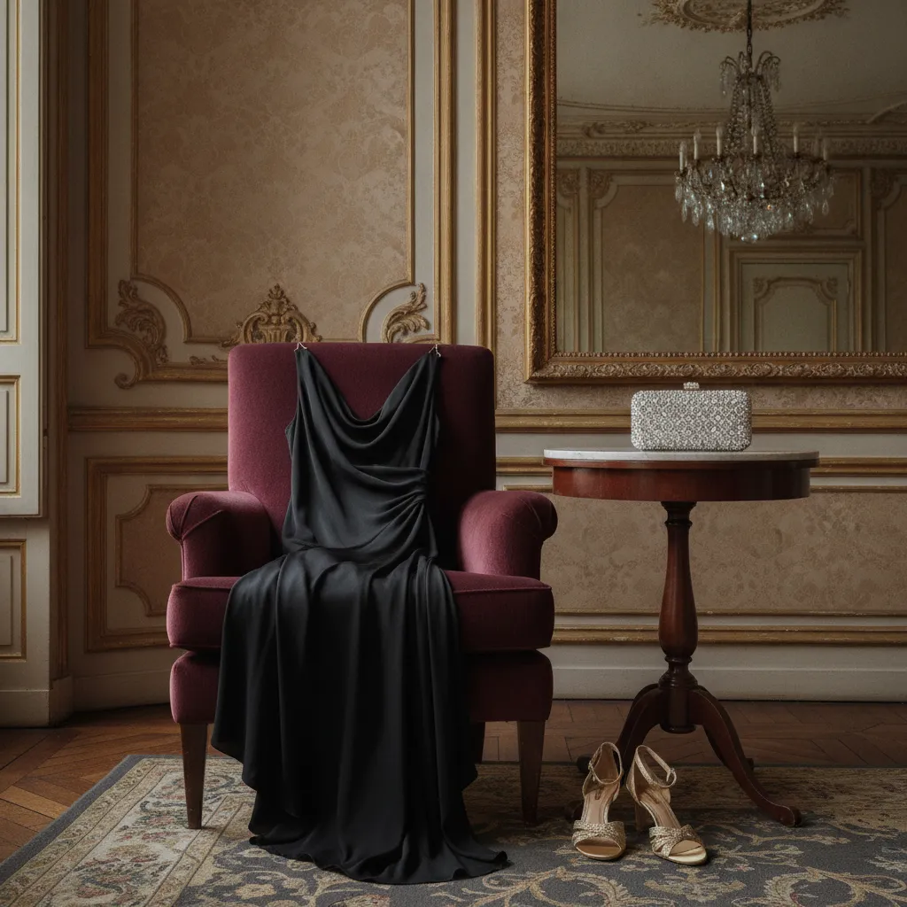 Robe cocktail noire en crêpe de soie, sandales dorées et minaudière à cristaux : l'équation parfaite pour les salles de table après 20 heures.
