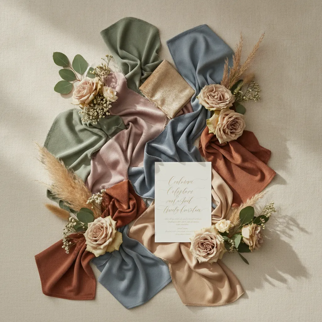 Palette chromatique validée pour invités : vert sauge, bleu lavande, mauve et terracotta, les teintes qui fonctionnent en toute saison