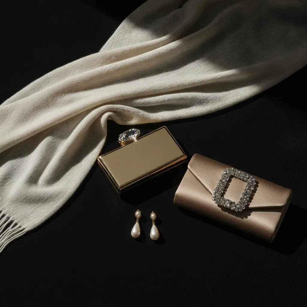 Minaudière dorée, clutch à boucle strass Roger Vivier et étole cachemire : le trio d'accessoires qui élève une tenue de cérémonie