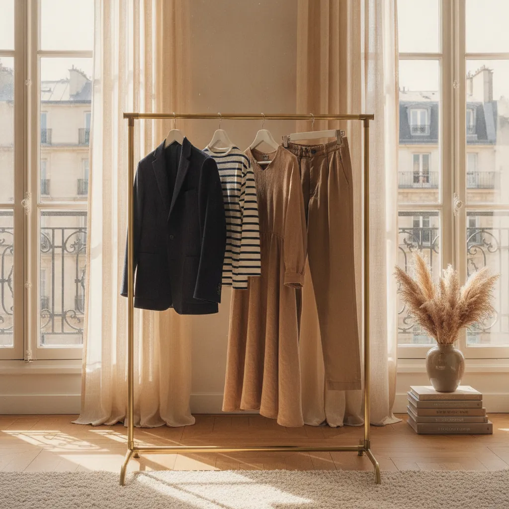 Coordination famille : une palette marine et camel déclinée en quatre tenues sur un même portant