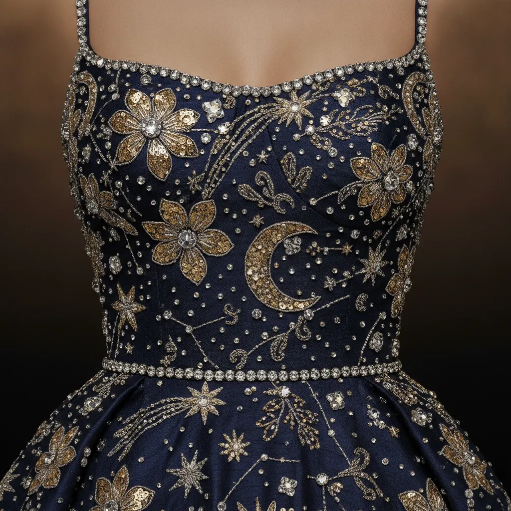 Détail d'un corsage haute couture brodé de cristaux et de fil d'or : chaque motif concentre plusieurs centaines d'heures de travail