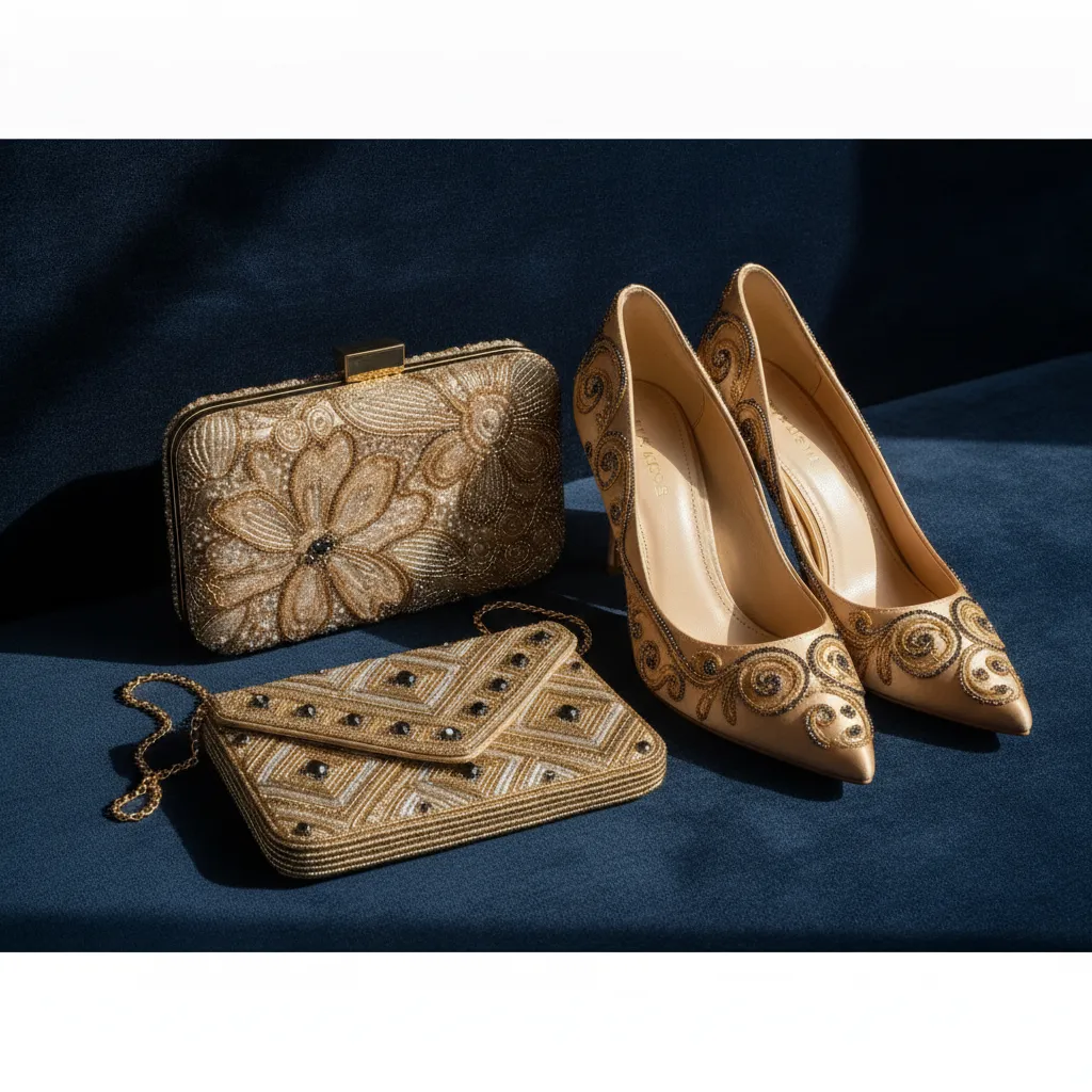 Minaudière perlée, escarpins brodés et pochette en fil d'or : la broderie haute couture habille aussi les accessoires de soirée