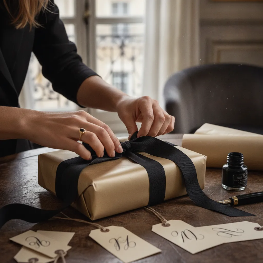 L'emballage fait partie du cadeau : papier de soie, ruban gros-grain et carte manuscrite sur bristol 300 g/m²