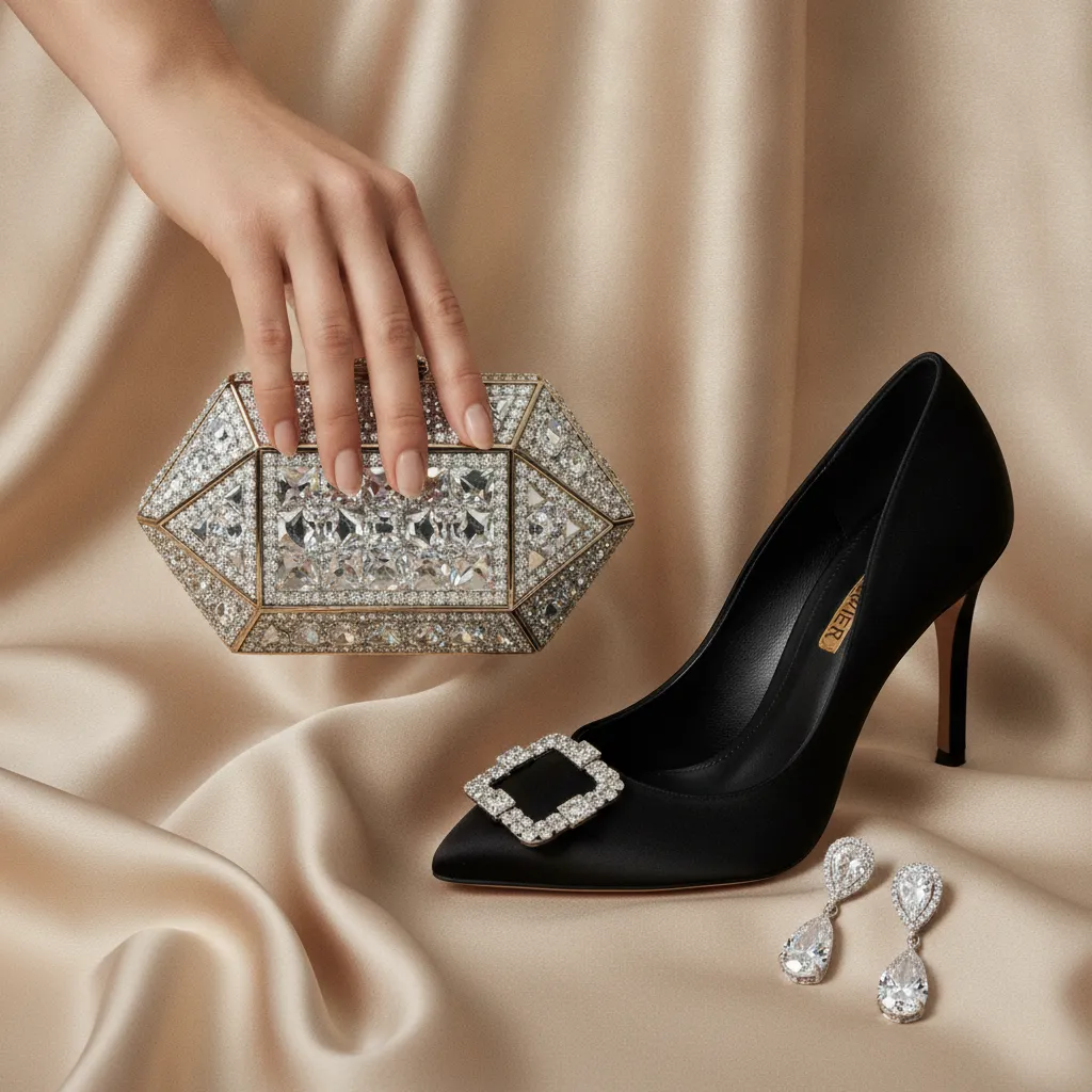 En black tie, la minaudière en cristal, l'escarpin satin et la joaillerie forment un triptyque indissociable