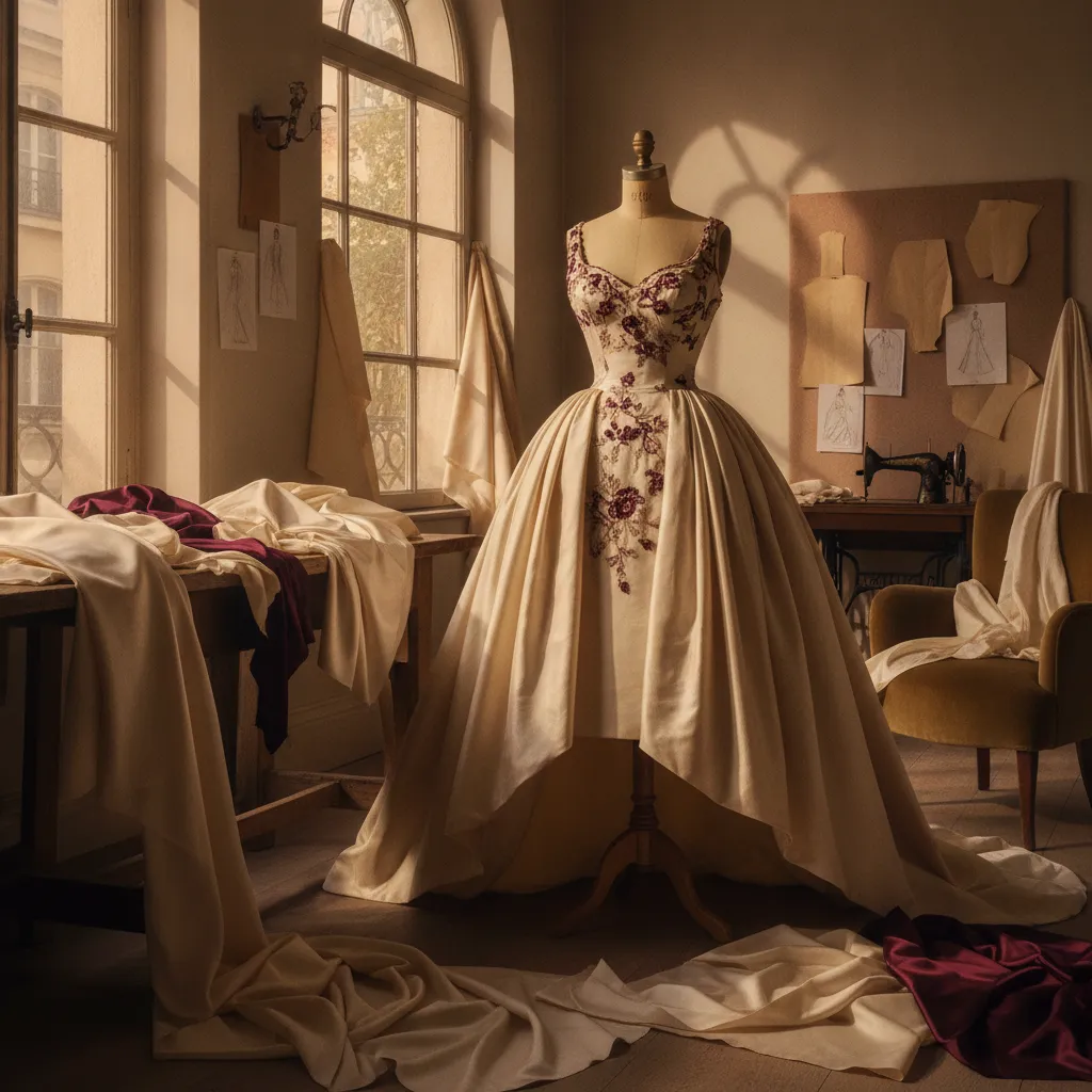 Le satin duchesse et le crêpe de Chine restent les matières reines du vestiaire de soirée depuis les années 1950