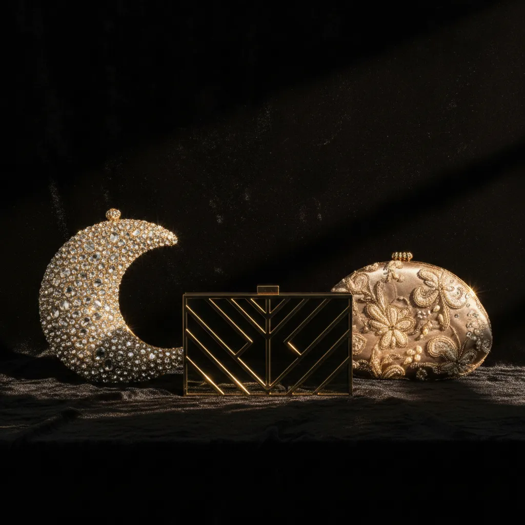 Trois niveaux de formalité en accessoires du soir : pochette satin, clutch métal et minaudière cristal